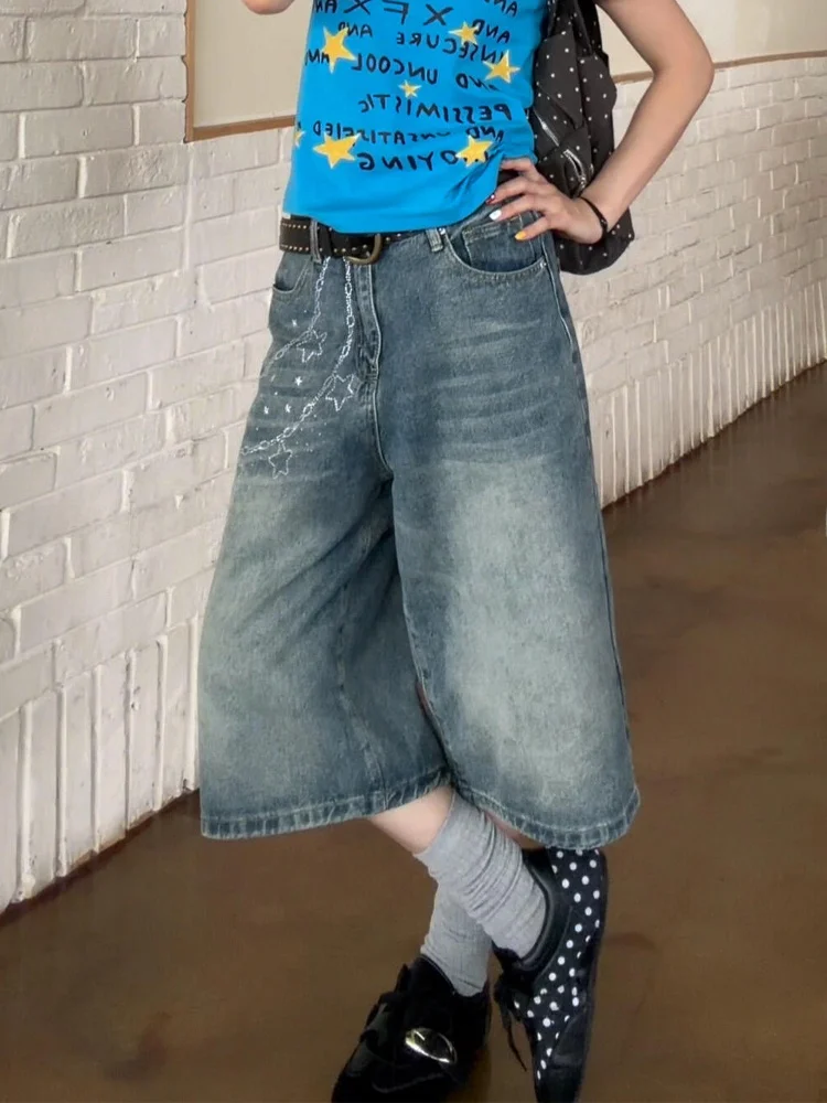 

Retro American Design Rhinestone Denim Shorts Women's Summer New Style Fashionable Versatile Seven-Foot Trendy Girls