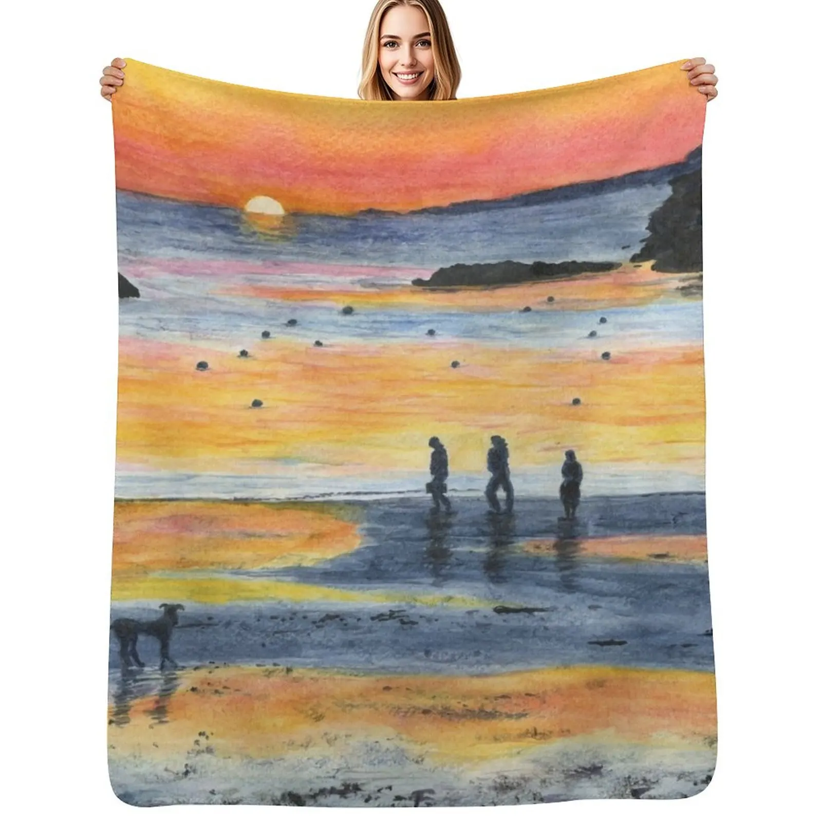 A Sunset Walk on Porth Diana Throw Blanket Cozy Light Blanket for Travel Camping Picnic