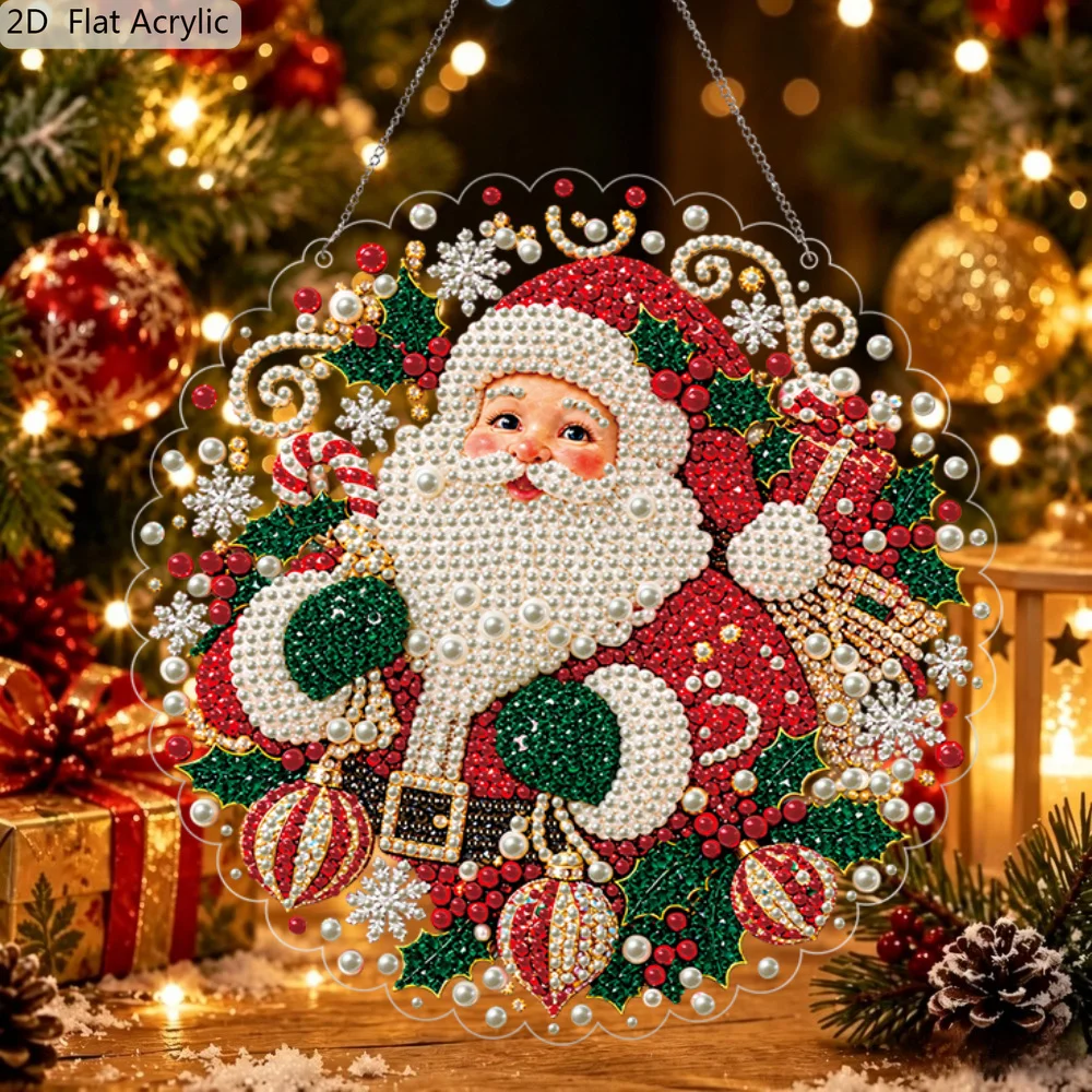 2D Flat Acrylic DIY Diamond Painting Christmas Hanging Sign, Santa Claus Diamond Art Wall Hanging Decor, Sparkly Santa Window