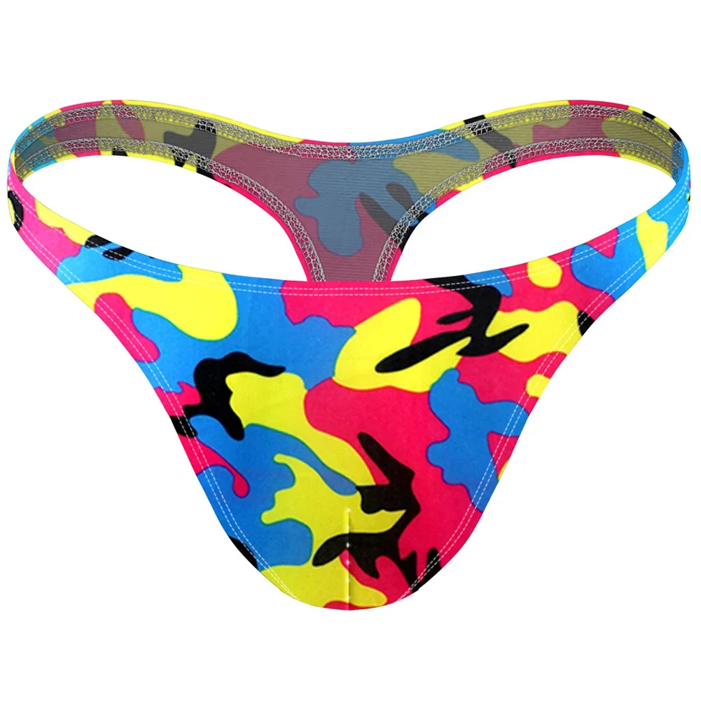 Men Enhance Peni Big Pouch Thong Bikini G-String Minikini Tangas Posing Underwear T-Back Underpants Color Print Panties