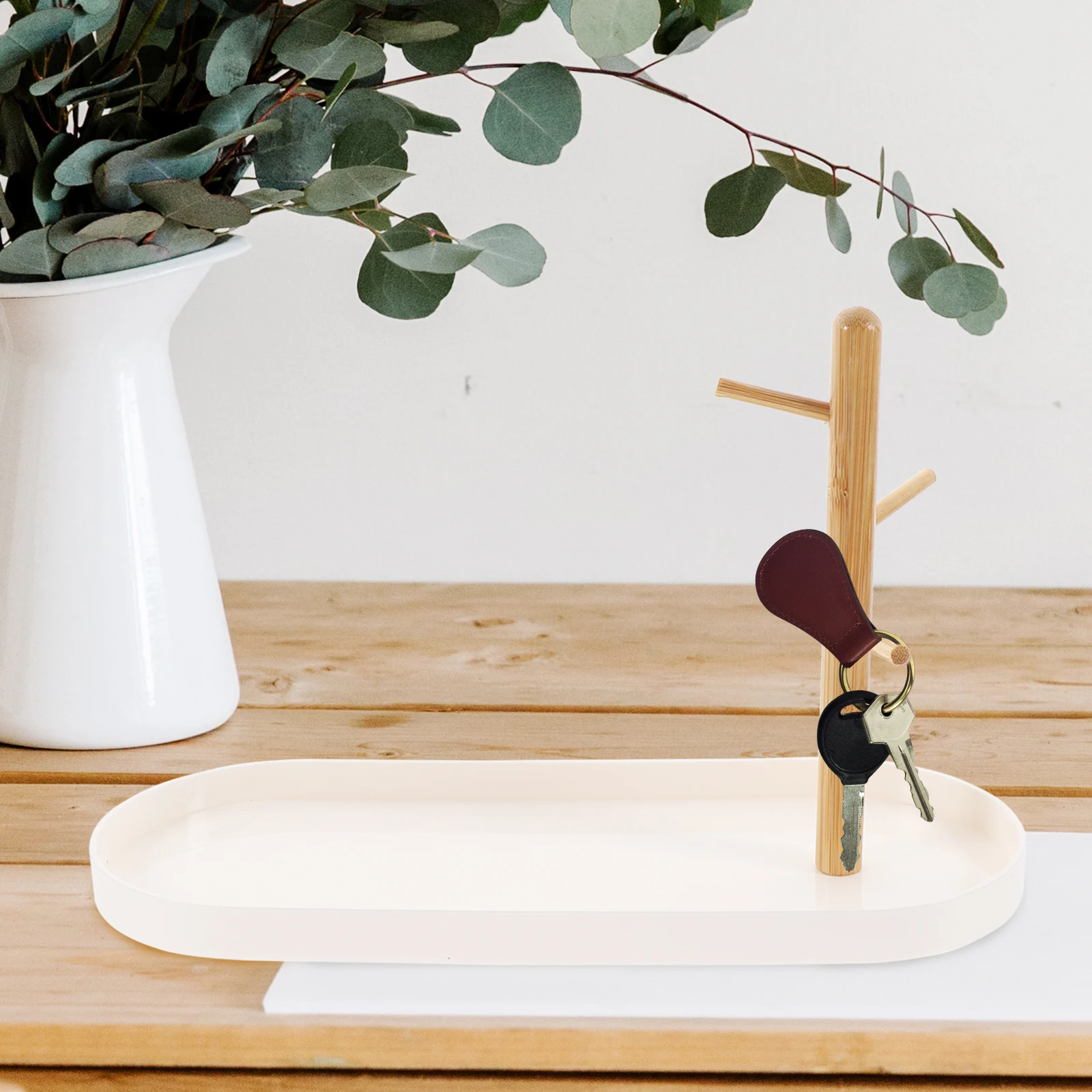

White Key Holder Jewelry Dish Durable ABS Wood Material Storage Tray Ring Accessory Multi function Hanger Countertop Desktop