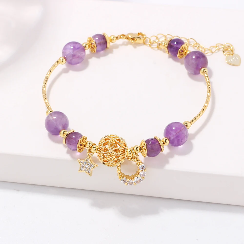 

Fashion Jewelry Purple Beads Gold Color Hollow Metal Ball Bracelets for Women Wedding Party Jewelry Accessory