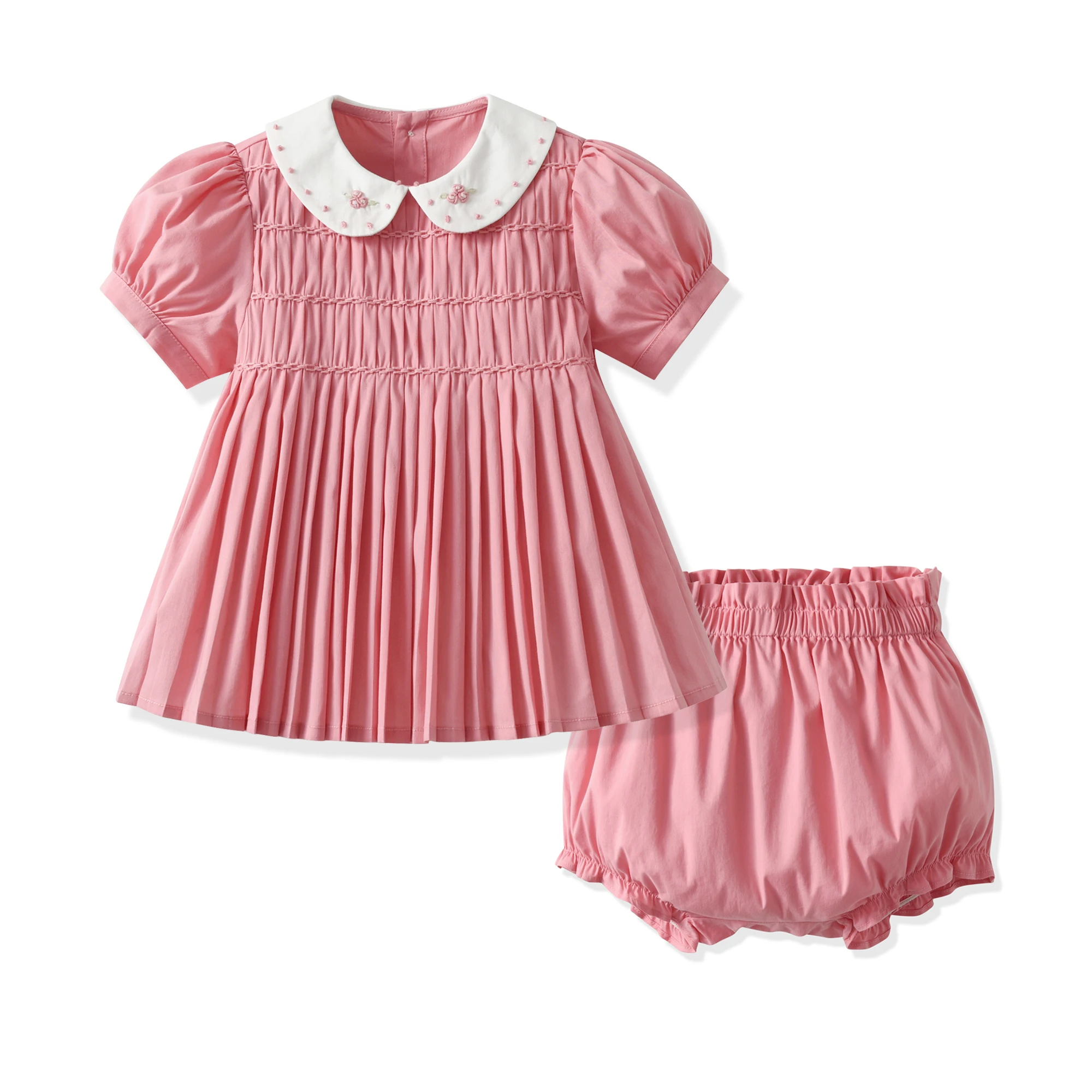 Bubble Sleeves Hand Smocked Boutique Flower Embroider Baby Girl Two Piece Outfits Toddler Newborn Costume Sets For Girls