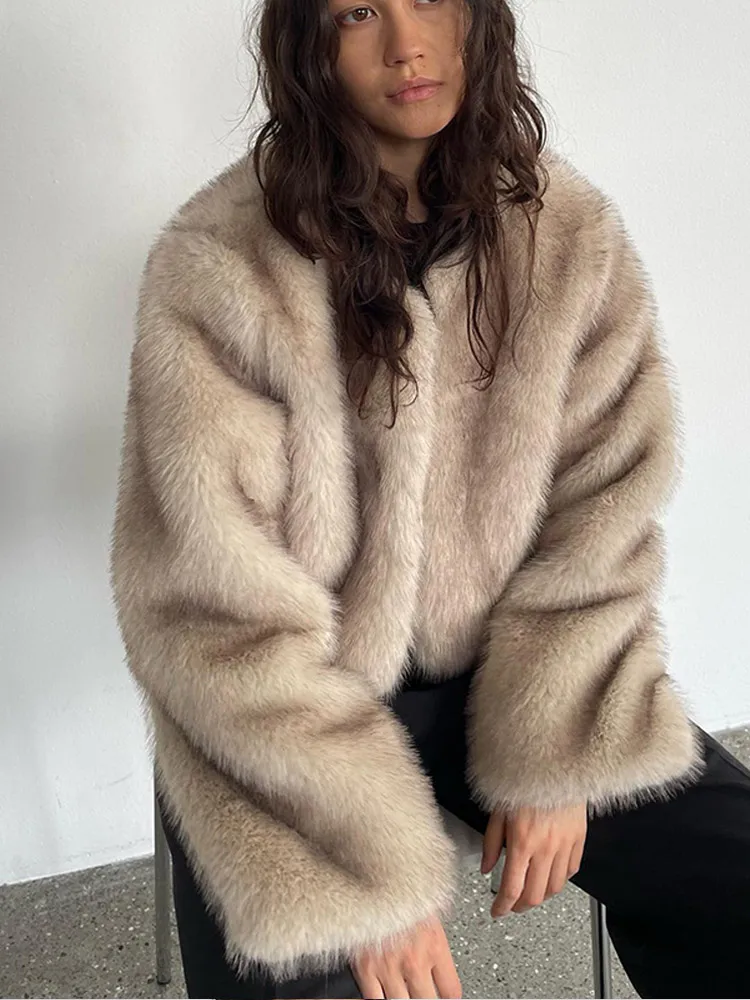 Fashion Fluffy Faux Fur Coat For Women Winter Elegant Loose Long Sleeve Jacket Female Luxury Thick Lady High Street Outerwear