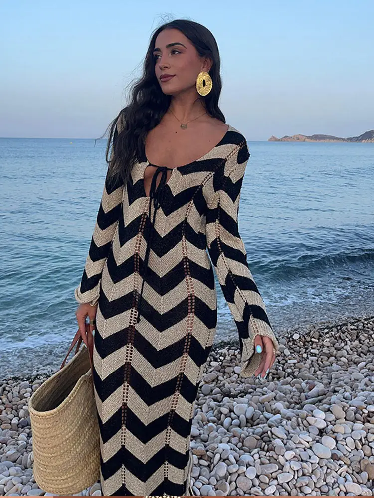 

2024 Sexy Elegant Hookflower Striped Knitted Long Dress Women V-neck Hollow Out Lace Up Long Sleeve Vestidos Lady Vacation Robes