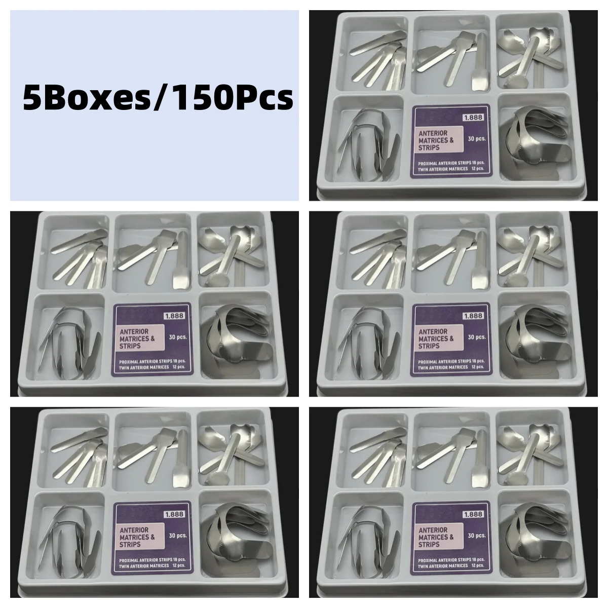 

5Boxes/150Pcs Stainless Steel Dental Matrix Bands Kit - Proximal Strips & Twin Anterior Matrices for Dental Restoration