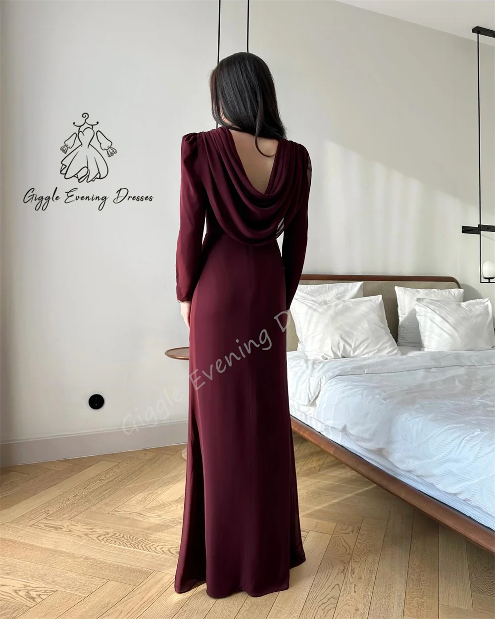 Personalizado giggle vestido de noite em linha reta o-pescoço sem costas moda crepe ruched elegante formal saudita vestido de noite para mulher 2024