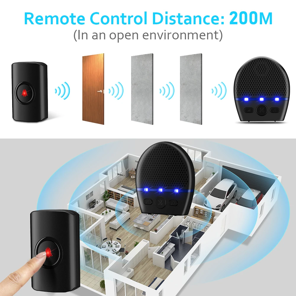 Wsdcam-timbre inalámbrico a prueba de agua para exteriores, timbre de puerta inalámbrico con control remoto de 300M, Flash LED, alarma de seguridad