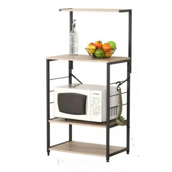 4-tier Starley Storage Shelves for Kitchen, Living Room, Microwave, industrial Shelf, Black metal Frame Shelf, Light Oak Wood Shelves, 4 Hooks, 60x40x123 cm,