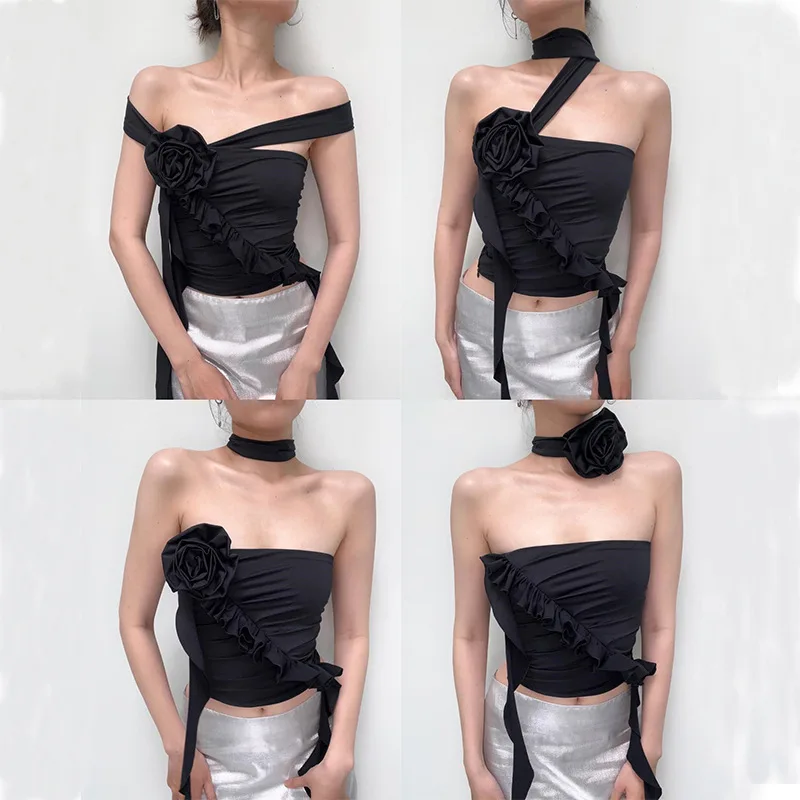 Rose Flower Bandage Tank Top Women Off Shoulder Halter Crop Tops Backless Bare Midriff Camisole Female Tube Top Cropped Vest