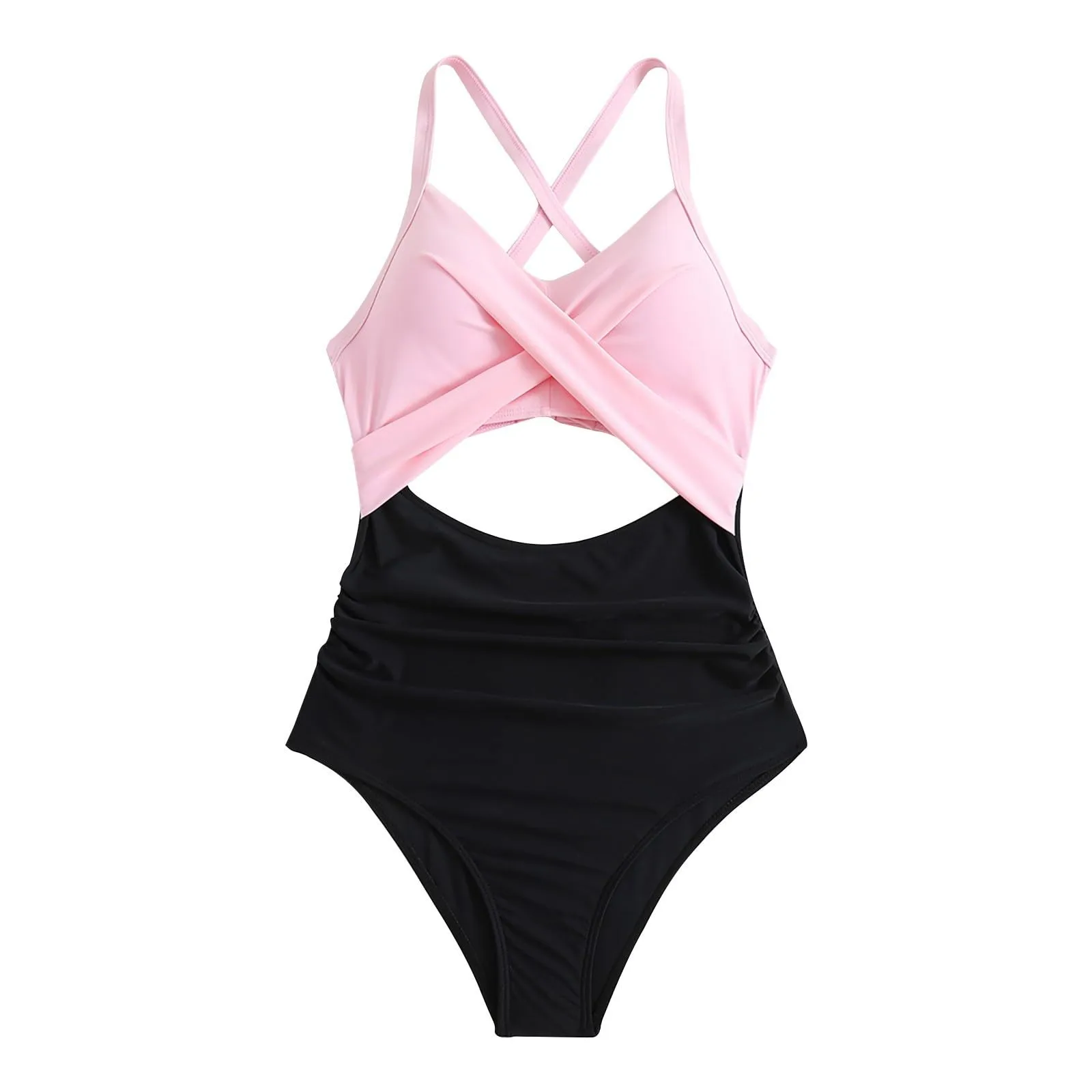 Women'S One-Piece Bikini Fashion Solid Block Sexy Hollow Out Cross Swimsuit Basic High Waist Slim Fit Strap Swimwear