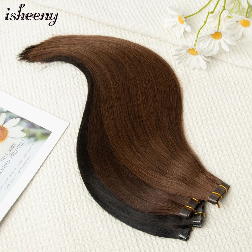 isheeny Flat Weft PU Skin Human Hair Bundles 12 inches Natural Straight  Brown Machine Remy Hair 40g/pc No Tape Hair Extensions