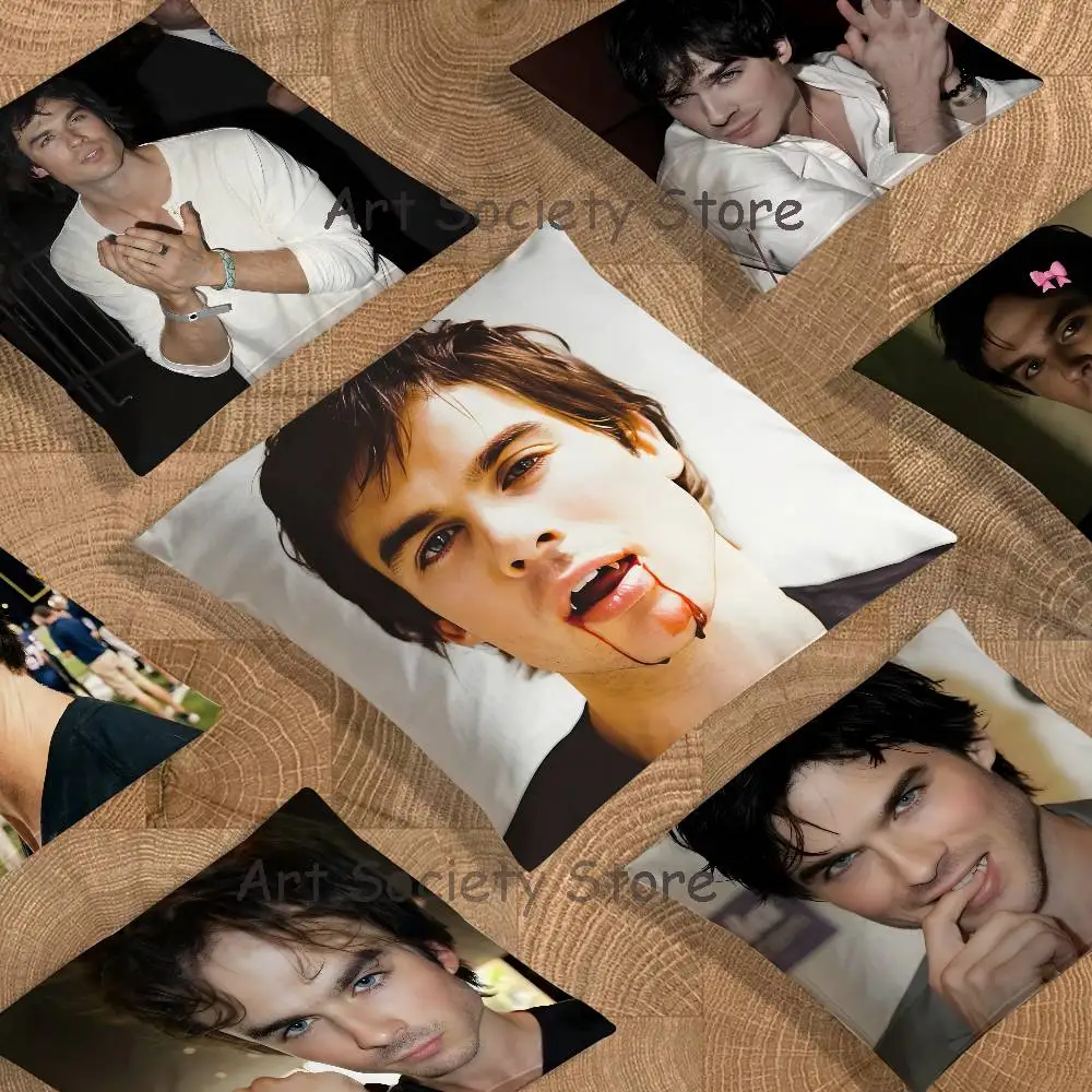 Pookie Damon S-Salvatore Ian S-Somerhalder Pillow Case Square Double-Sided Short Plush Sofa Cushion Cover Bedroom Bedside Pillow