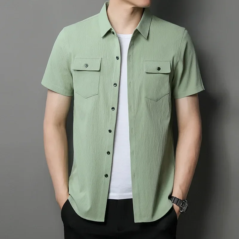 

2023 Summer Men's Polo Solid Color Cardigan Button Pocket Workwear Short Sleeve T-shirt Fashion Formal Loose Casual Shirt Tops