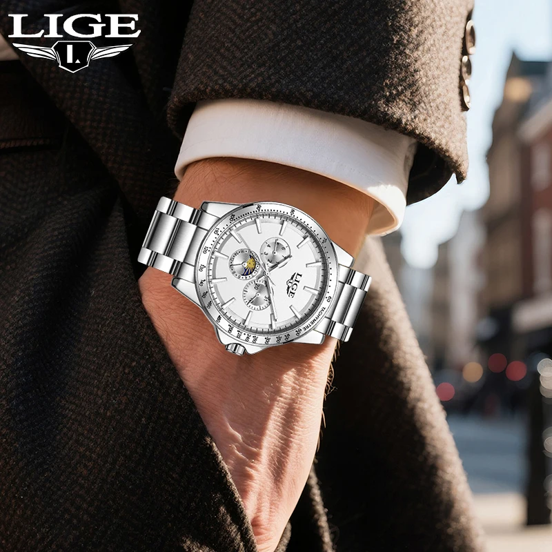 LIGE Top Brand Luxury Quartz Men's Watch Fashion Business Simple Waterproof Luminous Watches for Man Moon Phase Auto Date Clocks