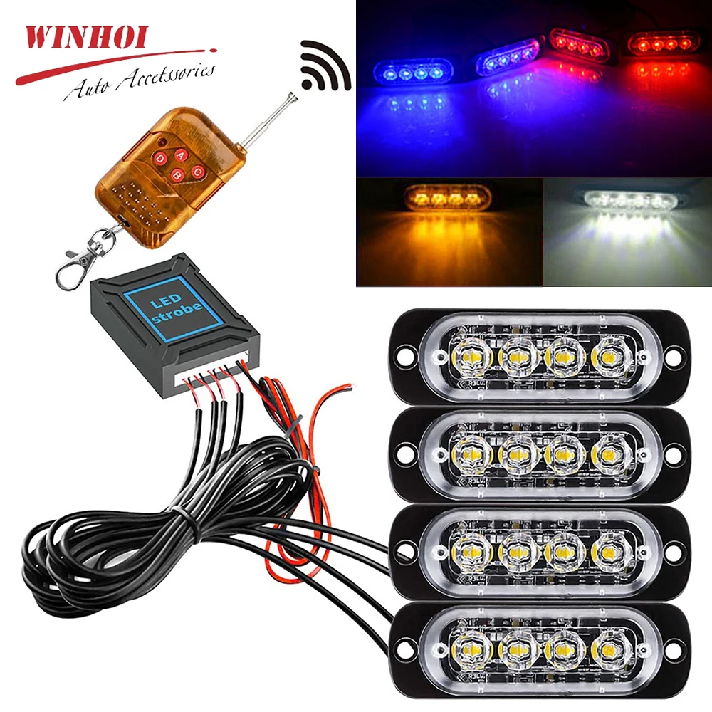 4 In 1 Wireless Emergency Strobe Light Led Police Light Auto Position Lamps Blue Red White Amber Warning Flashing Beacons 12/24V