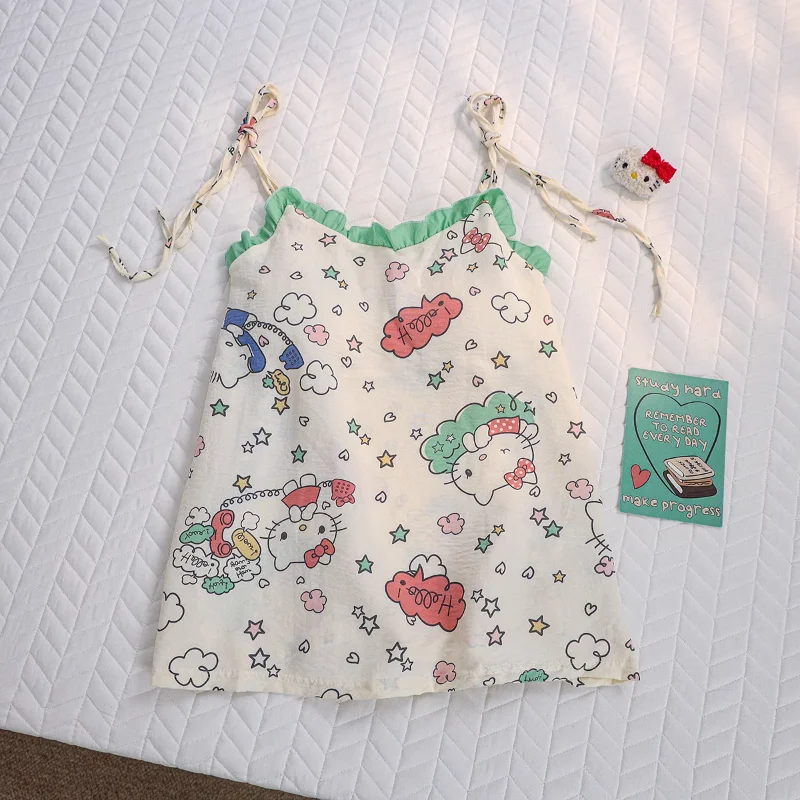 Cartoon Hello Kitty Pyjama Zomer Katoenen Jarretelshorts Tweedelige Set Casual Damespyjama 'S Met Borstkussentjes Loungewear Set