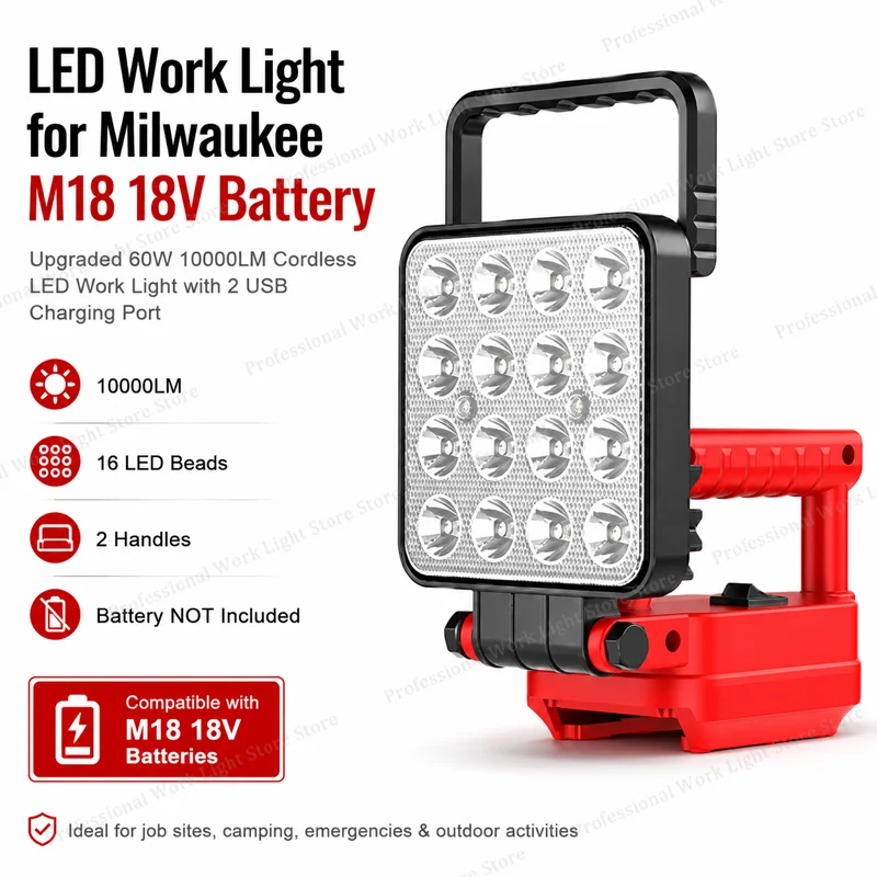 For milwaukee m18 work light suitable for 18v battery, Upgraded 60W 9000LM Cordless LED Work Light with 2 USB Charging Port