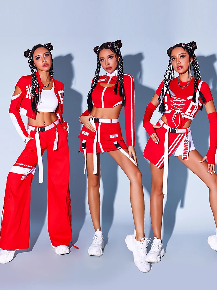 Girl group performance costumes red hiphop costumes Korean dance girls\' groups singing costumes dancing clothes jazz dance women