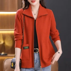 Knitted Cardigan Jacket Women Sweater New Autumn Winter Lapel Zipper Sweater Jacket Loose Solid Outerwear Female Sweatshirt Tops
