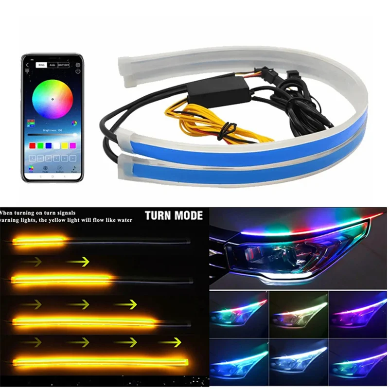 1 Pair 12V RGB Car Led Strip Flowing Turn Signal Lamp App Control Flexible Decorative Strip Waterproof DRL Day Running Lamp