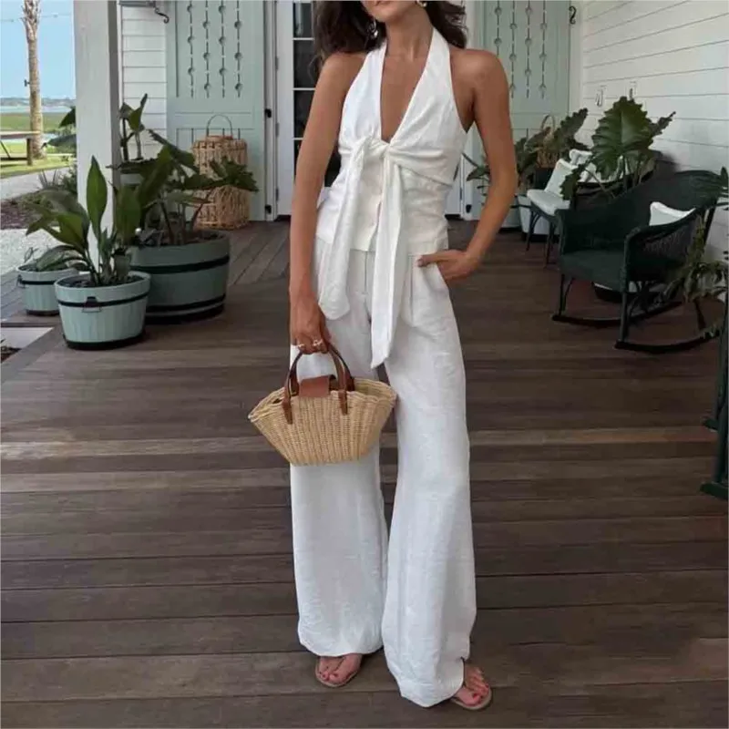 

Сексуальная шикарная белая майка, женская мода, элегантный однобортный жилет без рукавов с лямкой на шее, топы, новинка 2025, летний повседневный однотонный жилет