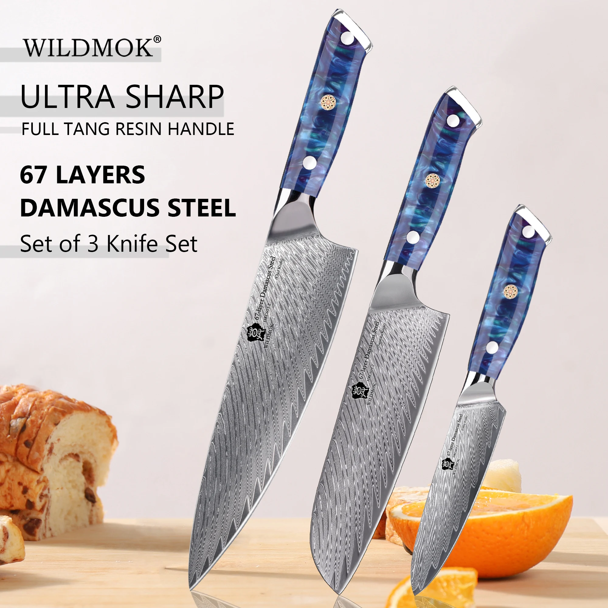 WILDMOK Cooking Knife Set 3PCS,  67 Layer VG10 Japanese Damascus Steel Blades, Anti-slip Resin Handle For Kitchen Use