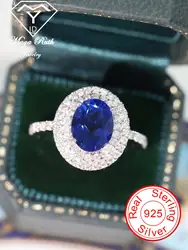 Created Sapphire Gemstone Cocktail Ring For Women Blue Real 925 Sterling Silver Party Anniversary Gift Female Oval Shape Vintage