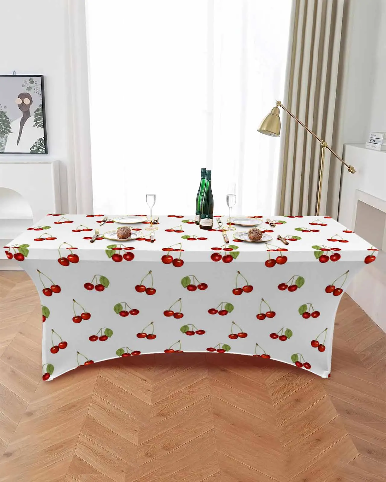 Cherry Fruit Retro Rectangular Elastic Table Skirt Wedding Hotel Table Cover Holiday Dining Table Tablecloth