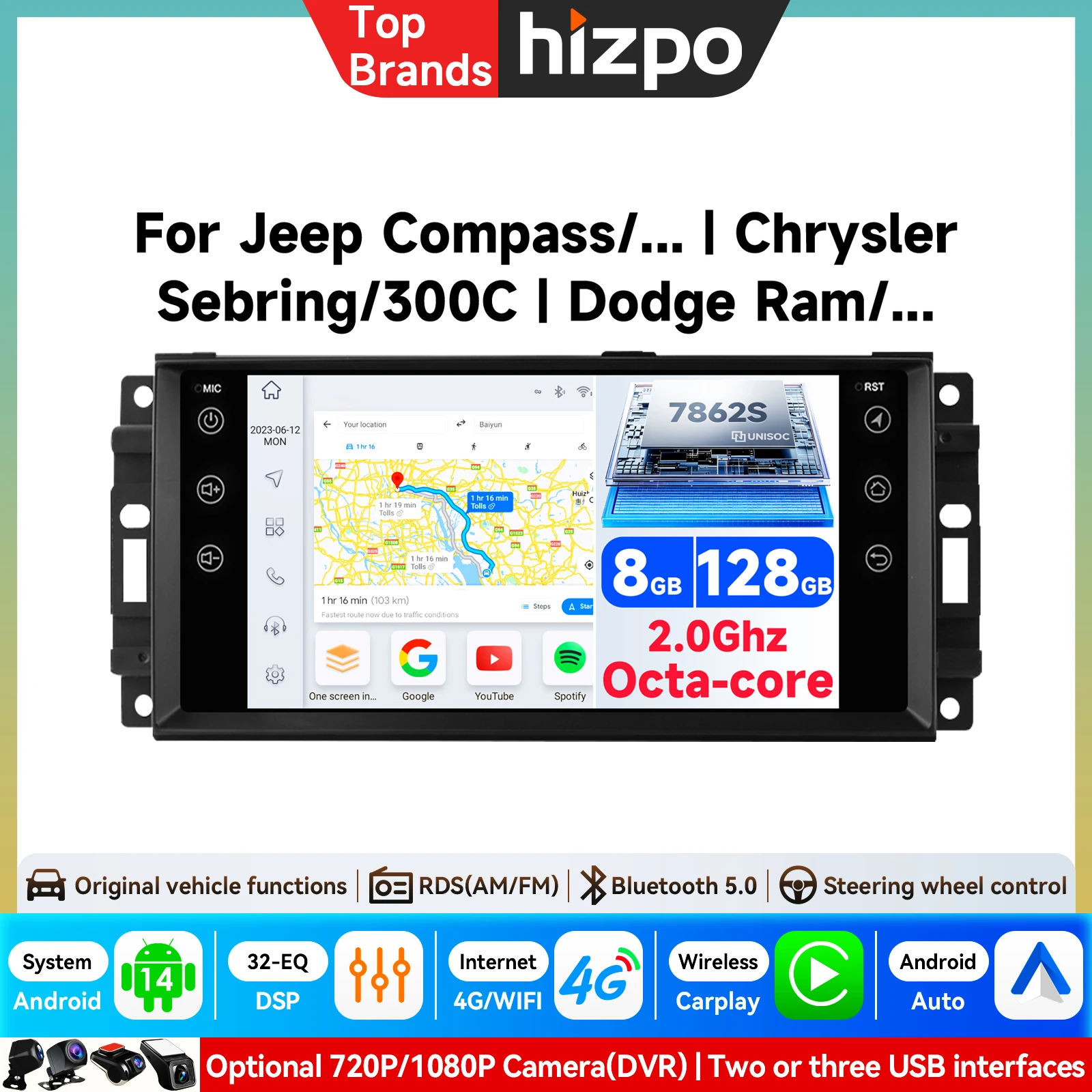 Autoradio Android avec écran 7'' 4G-LTE Carplay GPS pour Jeep Wrangler Chrysler Chevrolet Epica Dodge Ram Grand Cherokee Vidéo Stéréo