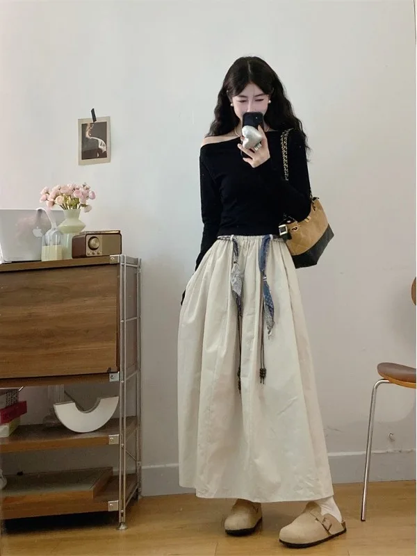 

plus Size Fashion Set Shoulder Bared Long Sleeve Workwear Casual High Waist A-Line Skirt Two-Piece Autumn Collection