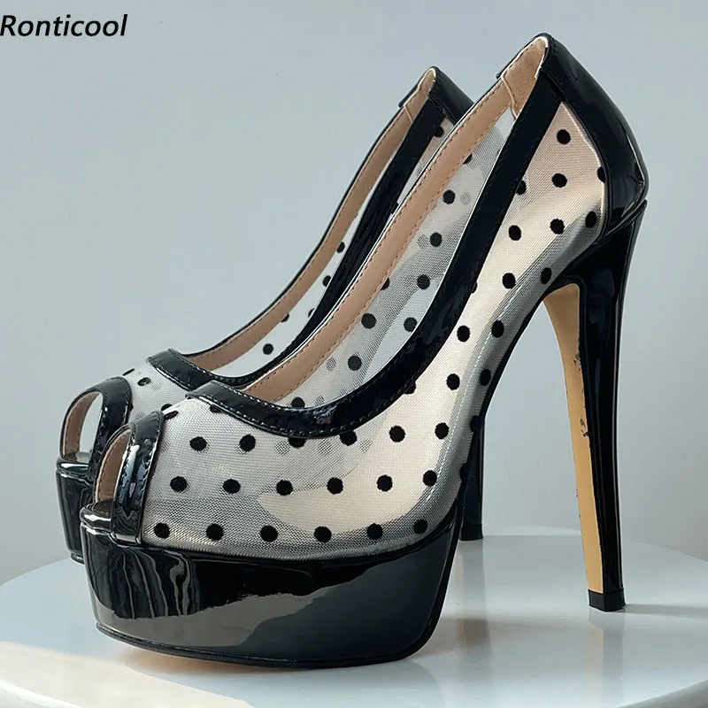 

Ronticool New Fashion Women Platform Pumps Sexy Thin High Heels Peep Toe Black Club Shoes Ladies US Plus Size 5-20