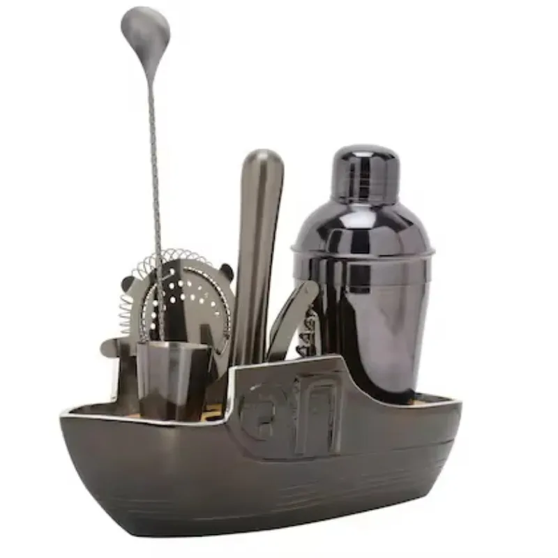 

8 Piece Stainless Steel Cocktail Shaker Set Bar Tools with Boat Display Stand Smart Bar Utensils and Tool Accessories