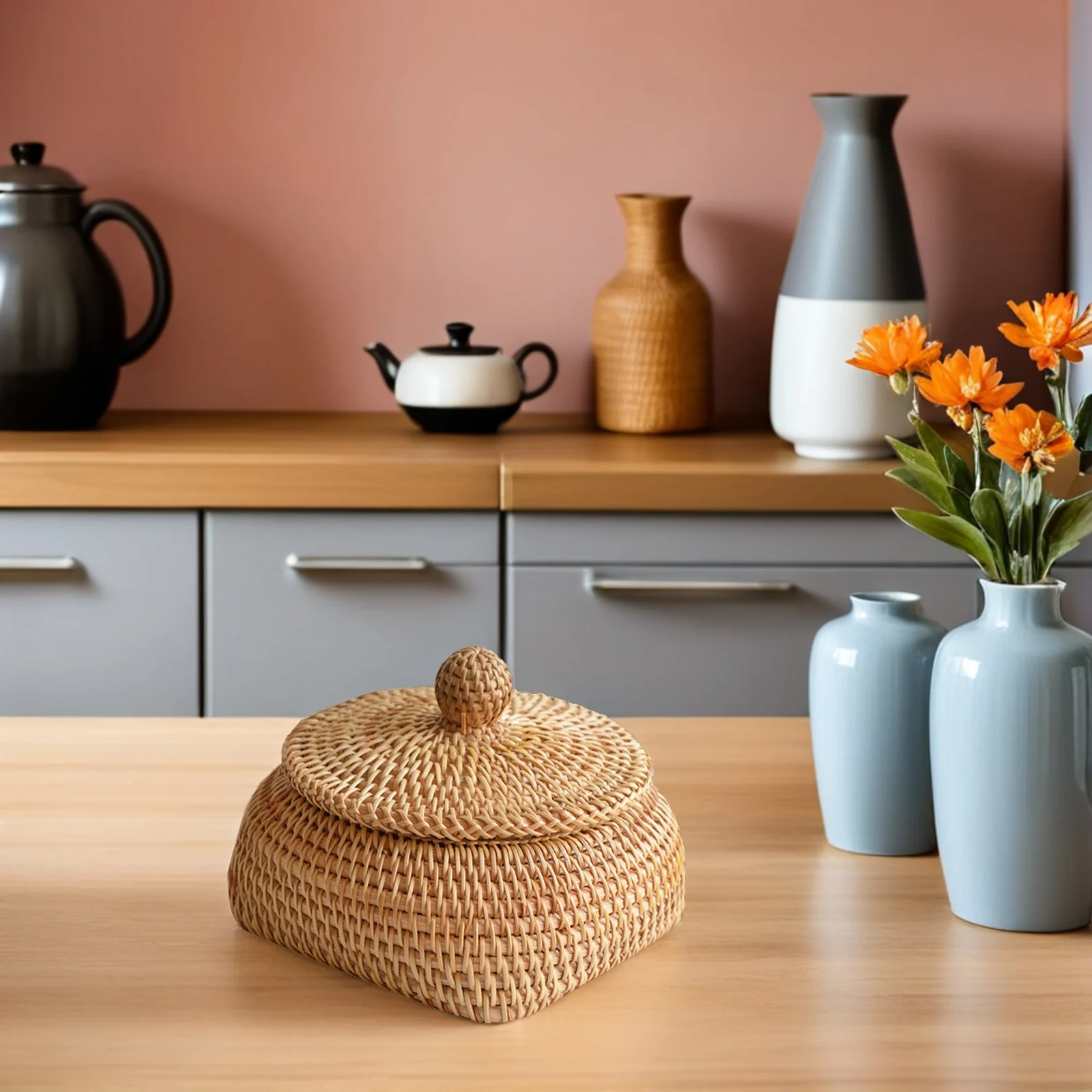 

1Pcs Light Brown Weaving Storage Basket Eco-Friendly Household Organizer for Tabletop Snacks Remote Control Cosmetics Daily