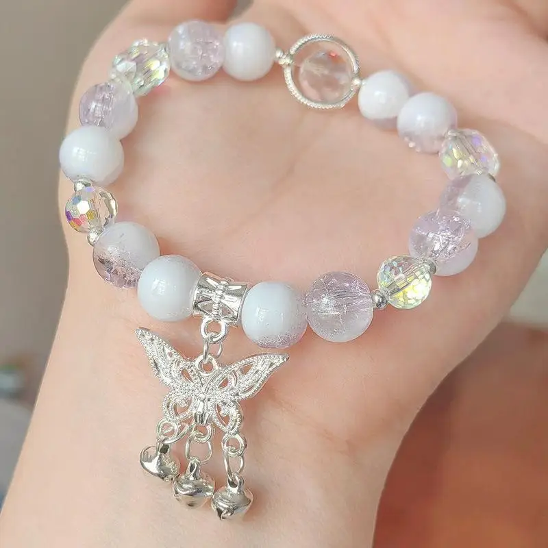 Lovely Women Hand Bracelets Butterfly Heart Bell Tassel Lock Ice Cracked Beaded Glass Beads Stretch Bangle Student Jewelry 1164 image 6