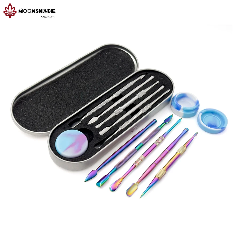 MOONSHADE Wax Oil Spoon Set Stainless Steel Double Edge Carving Tool with Silicone Storage Container Tobacco Smoking Accessories