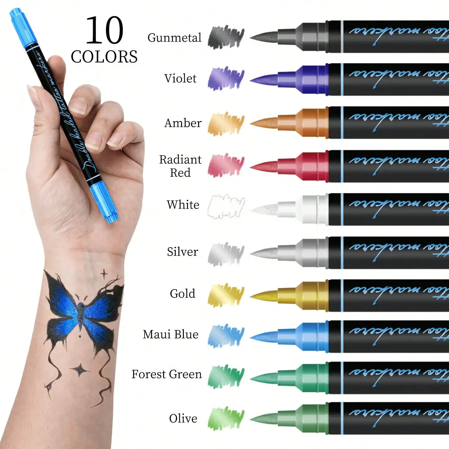 Pluma de tatuaje de 10 colores, marcador de tatuaje temporal de doble cabezal, marcado corporal Flexible, kit de maquillaje Facial respetuoso con la piel