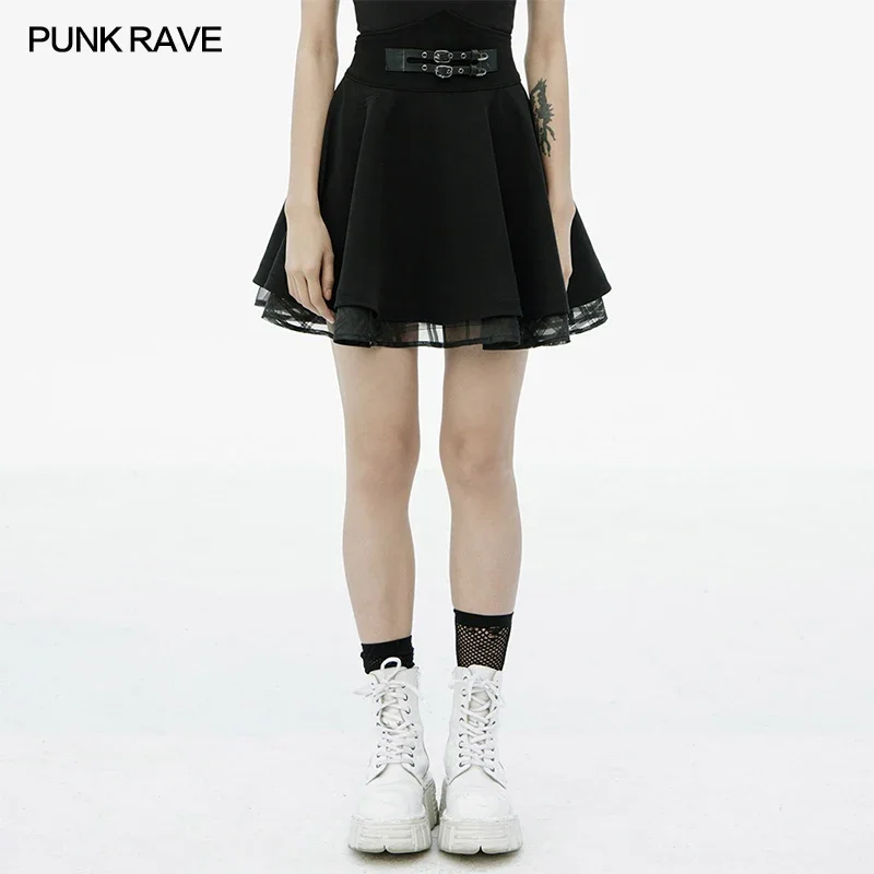 

PUNK RAVE Women's "Nicola" Series Dark High Waist Sun Swing Skirt Punk Style Twill Woven Spliced Black Mini Skirts