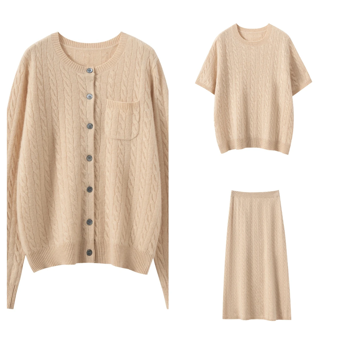 Women's Matching Set 100% Cashmere Round Neck Cardigan Casual Knit Short Sleeved Loose High Waisted Long Skirt Three Piece Set view 5