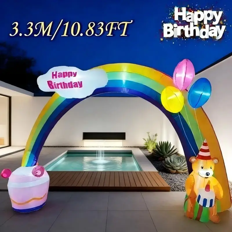 

3.3M/10.83FT Outdoor Birthday Decorations Rainbow Arch Bear Birthday Cake with LEDs Inflatable Toys Model Garden Party Ornaments