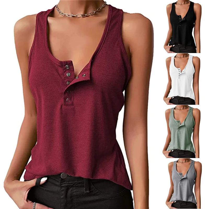 2025 Solid Color Sexy Inner and Outer Threaded Vest Snap Button Bottoming Top T-shirt for Women