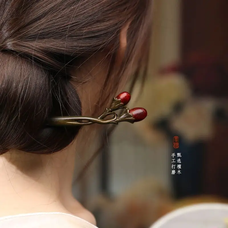 Green Sandalwood Hairpin for Women New Chinese Style Ancient Elegant Hair Stick Minimalist Wooden Hair Clips Qipao Accessory