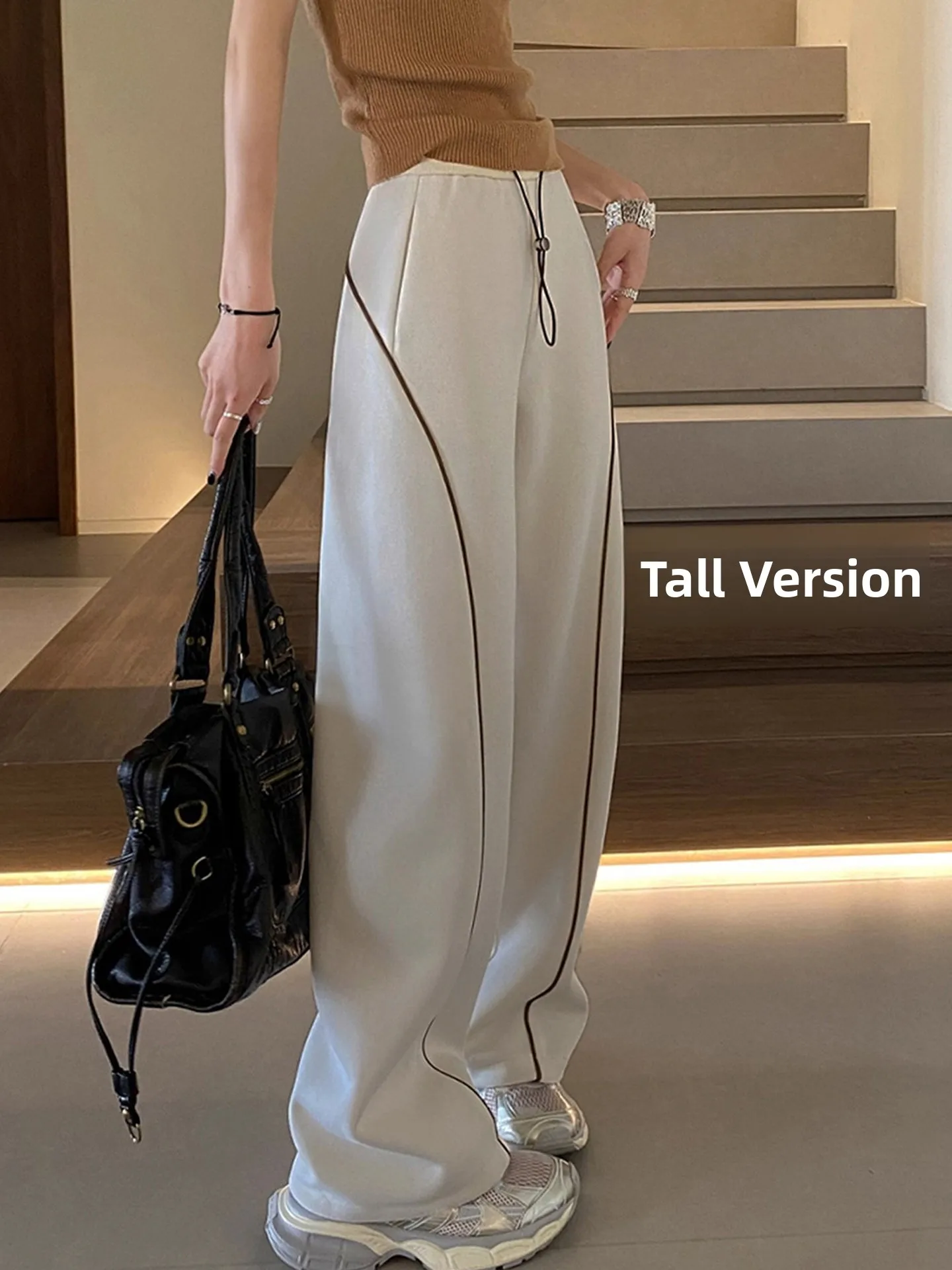 Tall Women's Extended Length American Style Sporty Wide Leg Pants Floor Length Drapey Loose Fit Casual Trousers