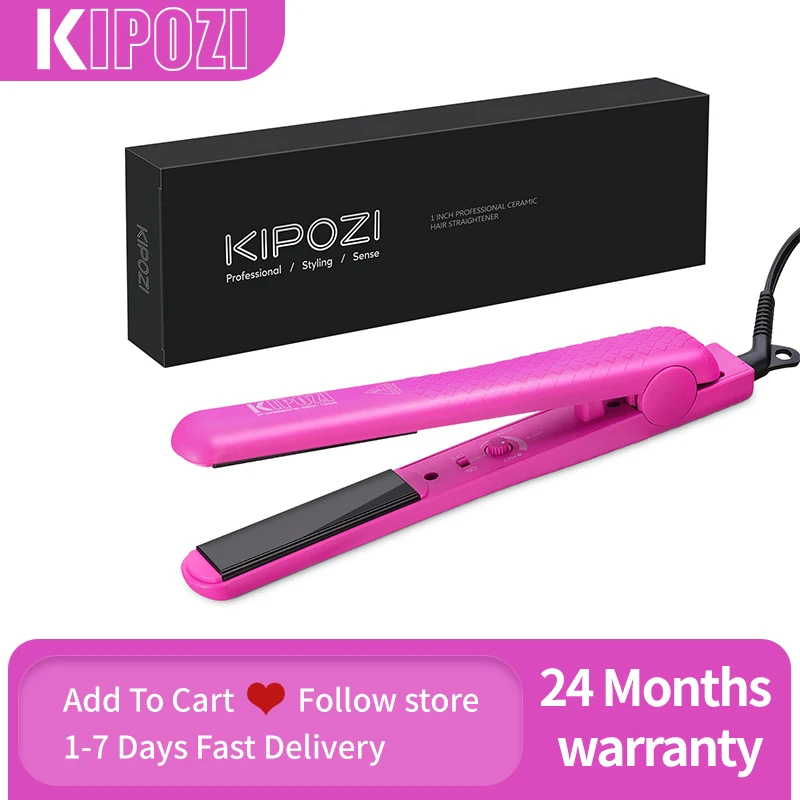 KIPOZI 1 Inch Hair Straightener Ceramic Flat Iron Adjustable Temp Straightens and Curls,180-450℉ Dual Voltage, Hot Pink