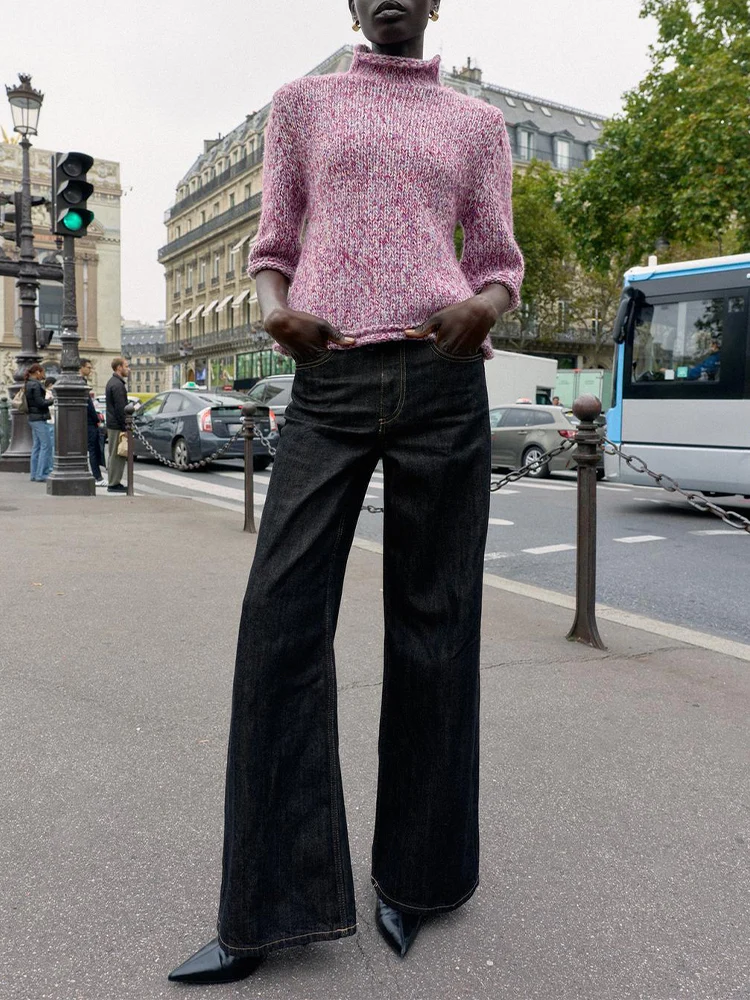 

European-style new women's fashionable and versatile stand-collar three-quarter sleeve color-blocked knit sweater