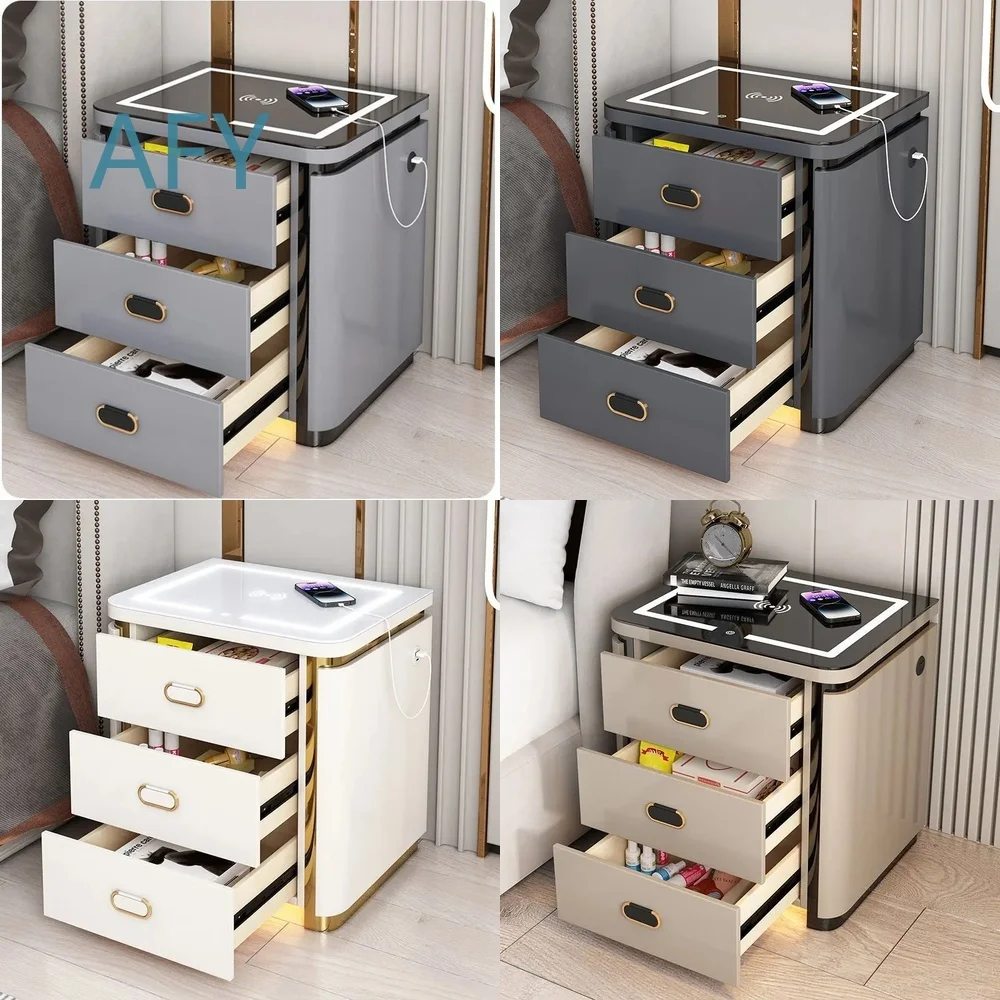 Smart Nightstand with LED Light Wireless Charging and 3 Drawers for Home Bedroom Furniture Bedside Table for iPhone Samsung
