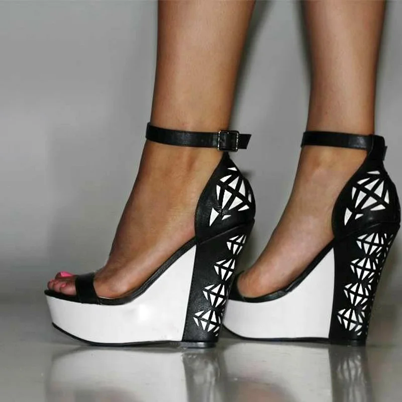 Women Platform Wedge Heels Rhombus Carve Out Sandals Open Toe White Black Leather Patchwork Sandalias Shoes Mujer Zapatos