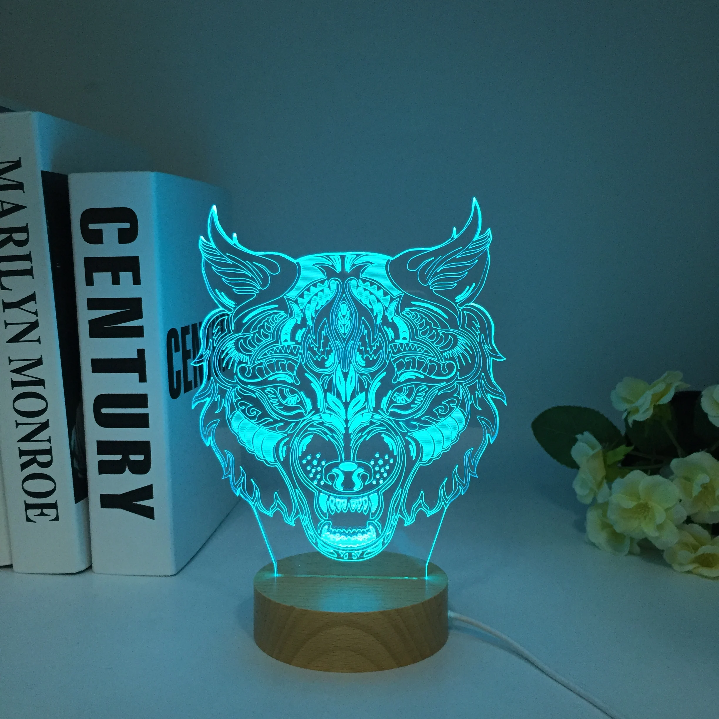 Lobo de madeira 3D LED Night Light for Kids, Touch Illusion, 7 Color Changing, USB Table Lamp, Nightlight, Decoração do Quarto, Presente