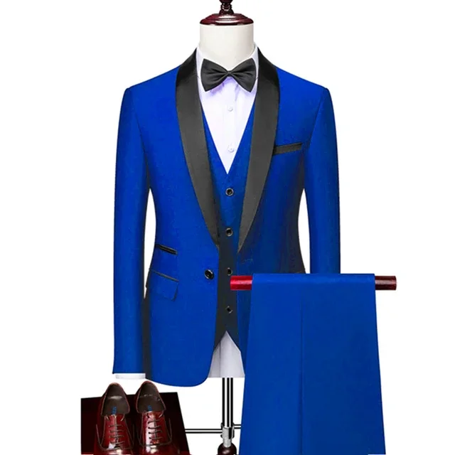 3 Pcs Men Lapel Black Collar Suit Set Coat Vest Trousers / Business Groomsmen Groom Wedding Dress Fprmal Blazer Pants Waistcoat