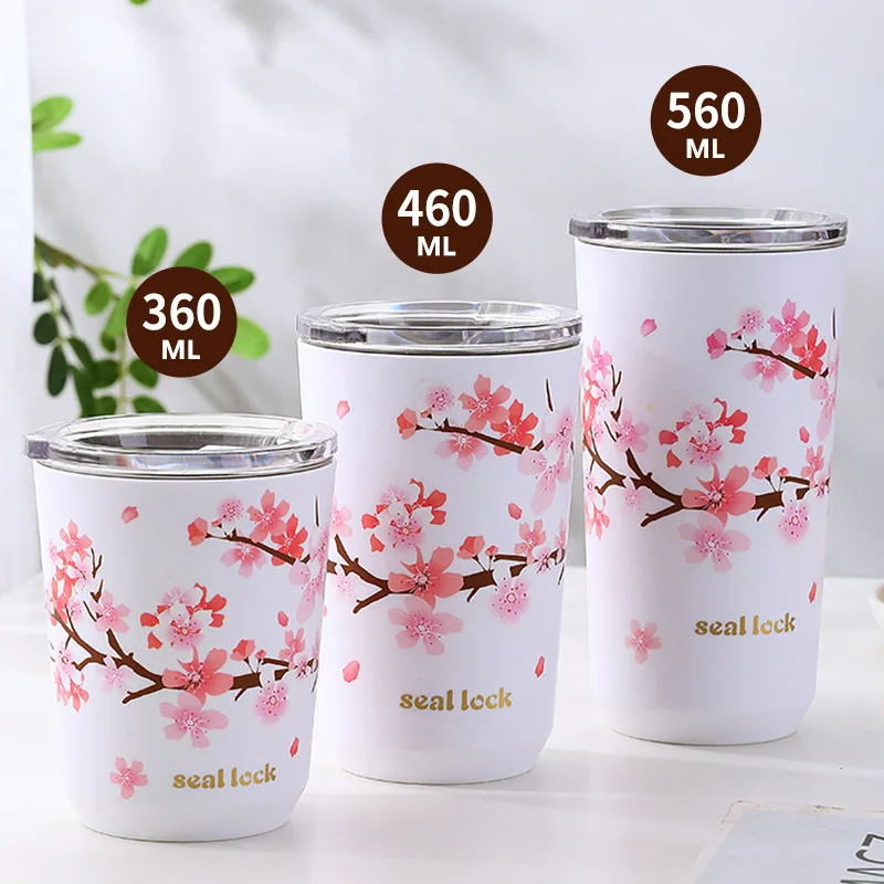 

Double Wall Stainless Steel Thermal Mug with Lid Creative Cherry Blossom Coffee Milk Cups Portable Office Travel Cup Drinkware